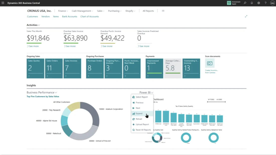 Business Central finance and operations dashboard
